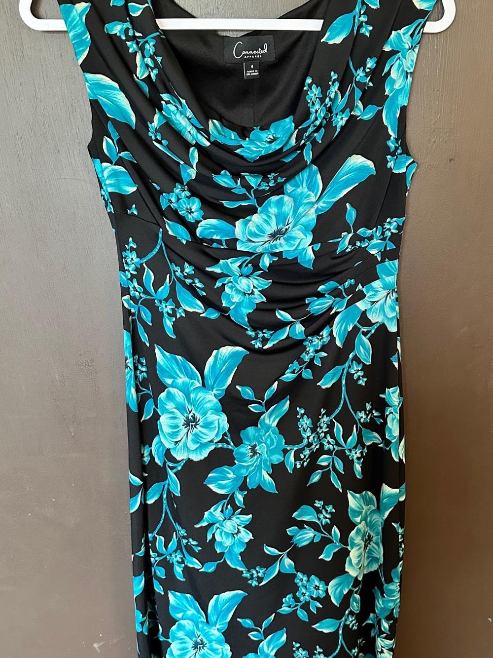 Connected Apparel Size 4 Black Turquoise Floral Ruched Sheath Dress